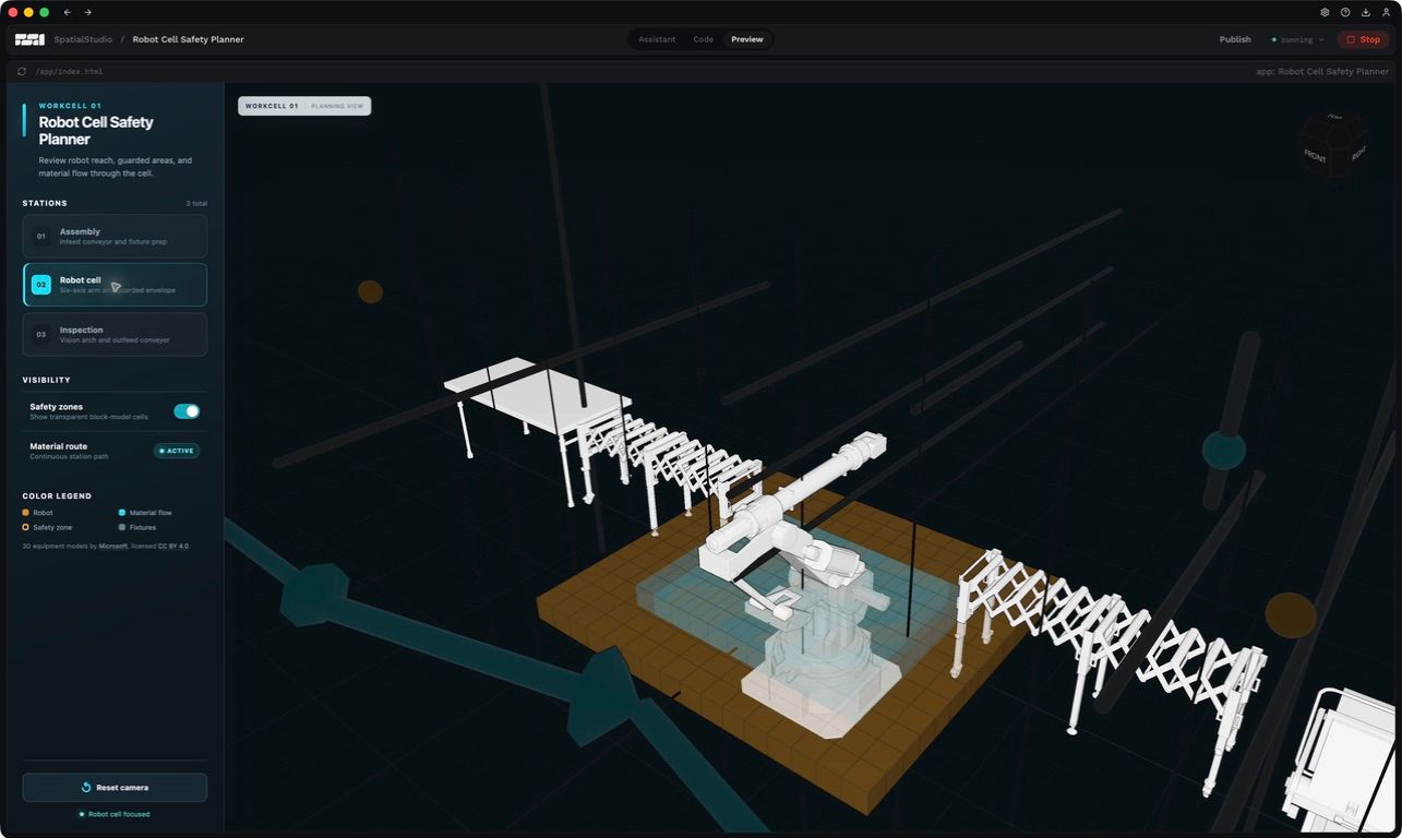 SpatialStudio preview showing the Robot Cell Safety Planner with a robot, conveyor, inspection equipment, and bright safety zones.