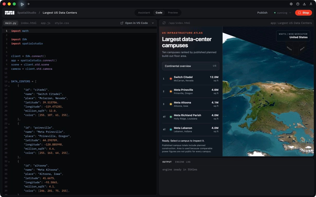 SpatialStudio showing the Largest US Data Centers project with a data-center ranking and a 3D map.